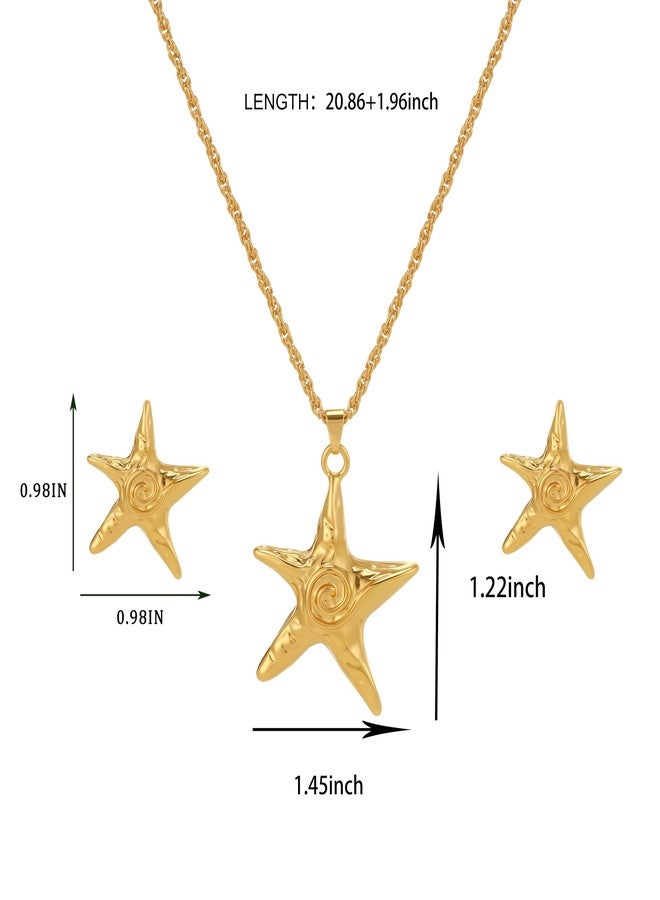 Thalireth 2Pcs Starfish Earrings Necklace For Women Gold Star Swirl Pendant Necklace Summer Beach Beachy Stainless Steel Non Tarnish Waterproof Jewelry Set - Image 2